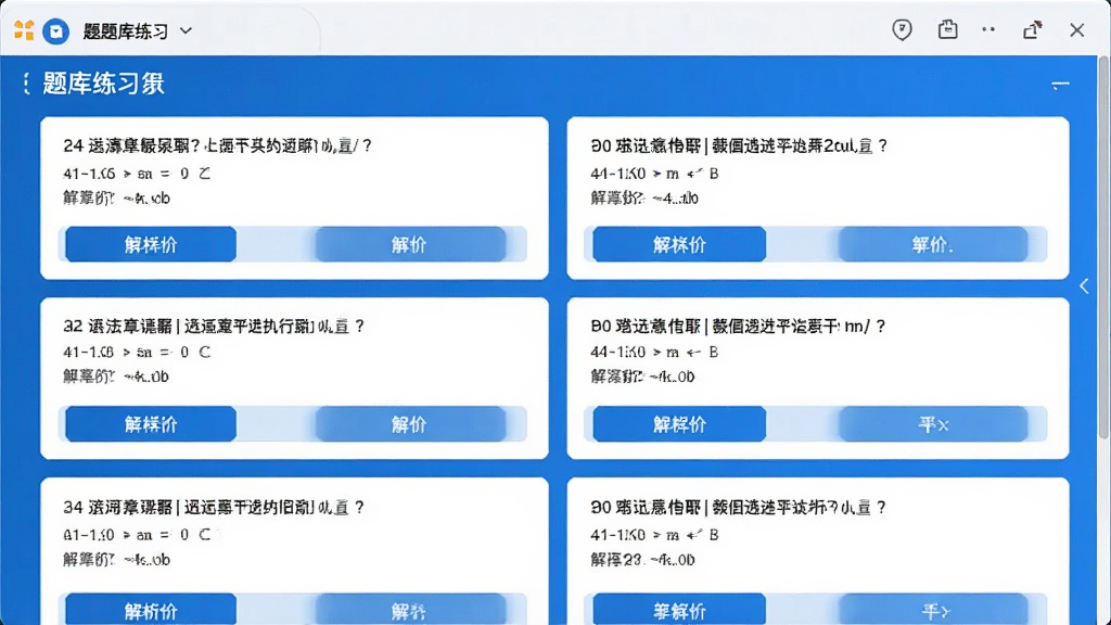 展示题库练习界面截图,屏幕上列出多道选择题,每题下方有解析按钮,界面采用蓝白配色,功能分区清晰,画质干净无多余元素