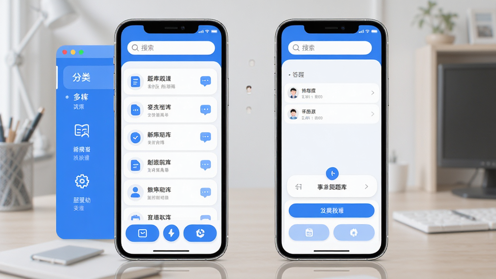 事业单位刷题库软件主界面预览图,智能手机屏幕展示题库列表与答题界面,左侧分类侧边栏,顶部搜索栏,下方功能按钮,界面以蓝白为主色调,简洁明亮,扁平化设计,图标圆润,整体布局清晰,画质高清,干净无多余元素