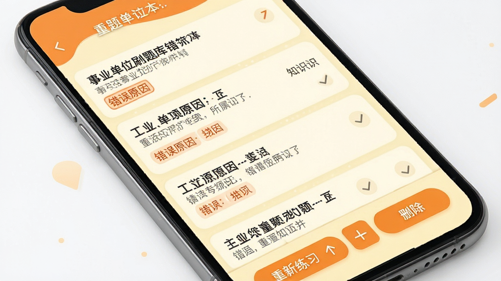 事业单位刷题库软件错题本功能截图,手机界面展示错题列表,每道题标注错误原因与所属知识点,底部有重新练习与删除按钮,背景浅黄色,搭配橙色点缀,布局整洁,画质高清,干净无多余元素