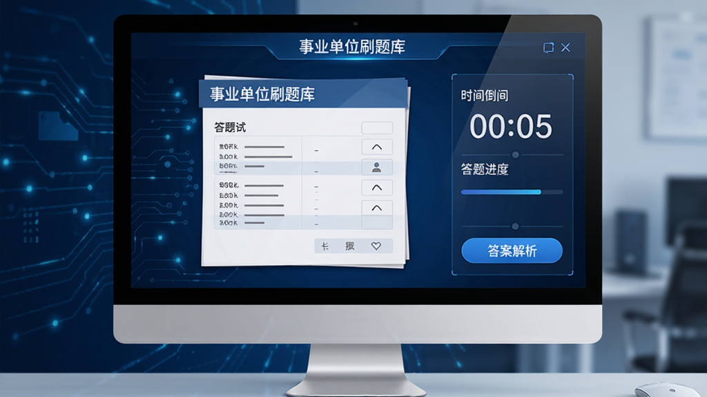 事业单位刷题库软件模拟考试界面,电脑屏幕显示答题卡样式,右侧时间倒计时与答题进度,下方有答案解析按钮,背景深蓝色科技感设计,搭配白色字体,界面专业正式,画质清晰,无多余元素
