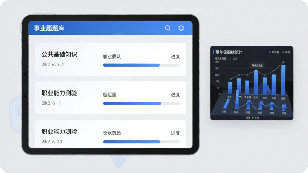 事业单位刷题库软件题库展示图,平板电脑屏幕显示分类题库列表,包括公共基础知识、职业能力测验等模块,每个分类显示题量与进度条,旁边配以数据统计图表,背景浅灰,搭配蓝色主题色,界面清爽,画质清晰,无多余元素