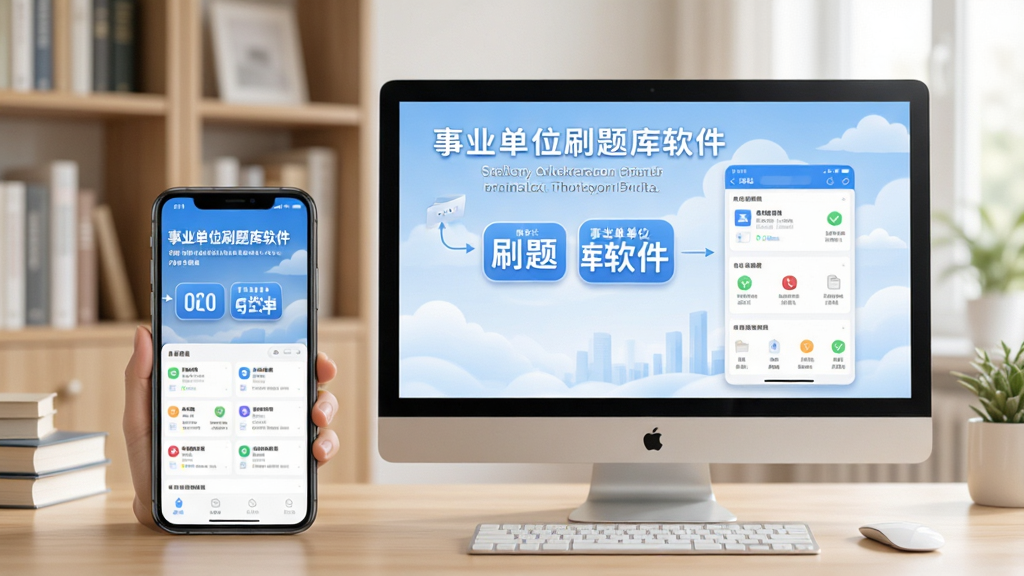 事业单位刷题库软件使用教程插图,手机与电脑并排展示同步学习场景,背景为书房环境,画面明亮,突出多设备使用,配以文字“事业单位刷题库软件”,整体风格写实,画质高清,干净无多余元素