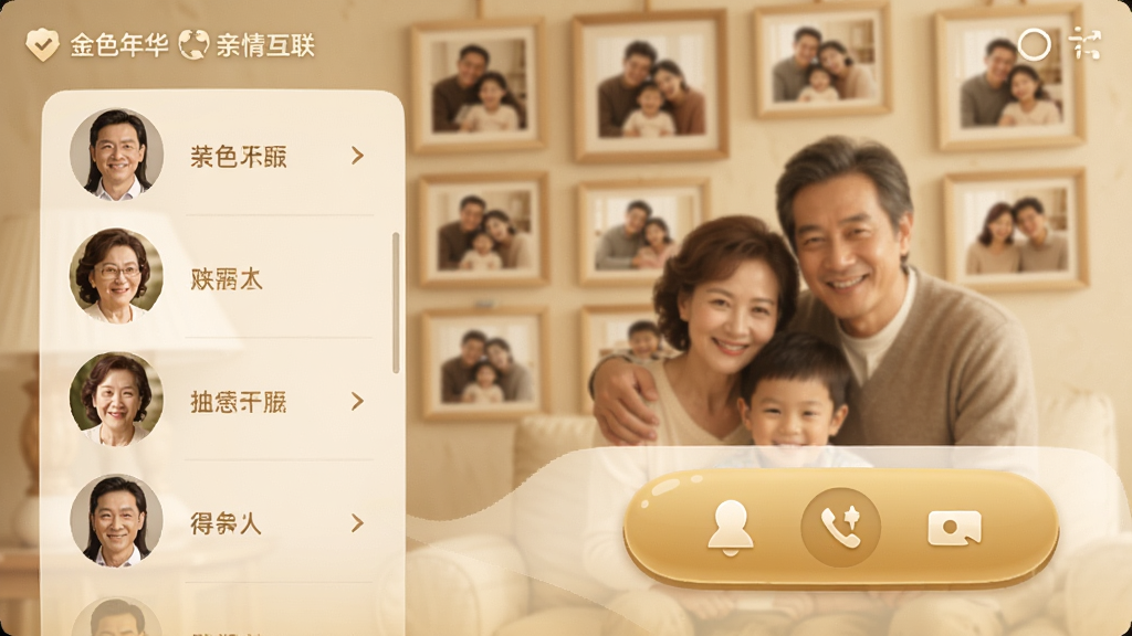金色年华亲情互联界面,展示家庭成员头像列表和视频通话按钮,界面温馨,有家庭照片墙背景,风格亲切,按键设计大而醒目,画质柔和,无多余元素。