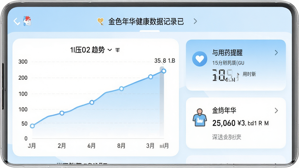 金色年华健康数据记录功能截图,展示血压趋势折线图与用药提醒卡片,界面配色以浅蓝和白色为主,图标清晰,数据可视化,风格简洁专业,画质清晰,无多余元素。