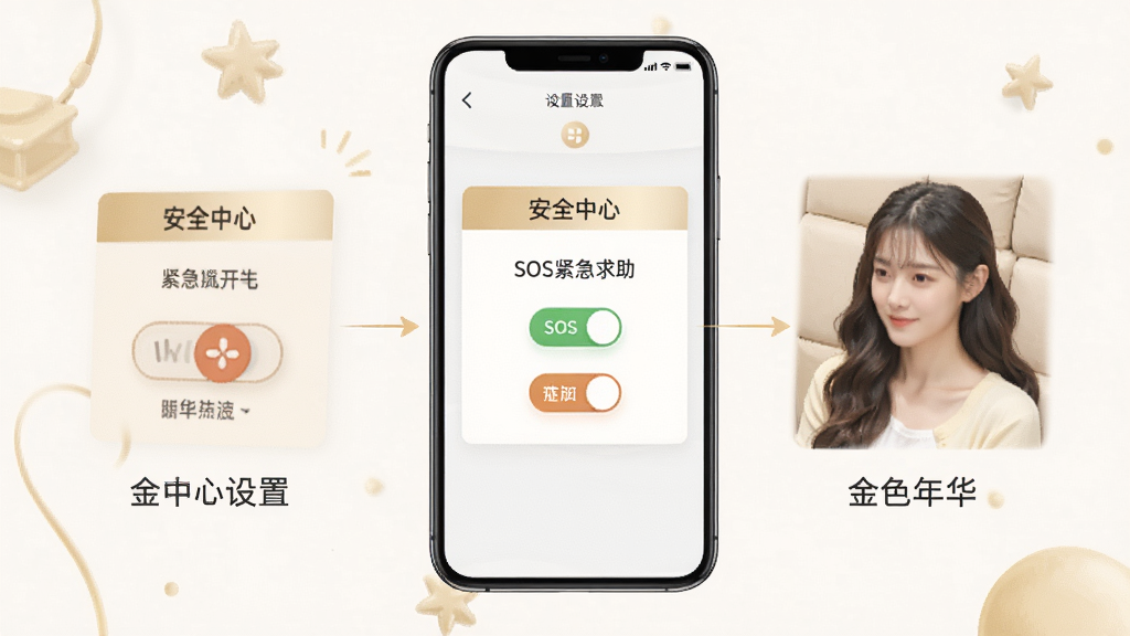 金色年华使用教程示意图,展示设置界面中的安全中心选项,包含SOS紧急求助开关,界面清晰,图文并茂,风格简约,画质精细,无多余元素。