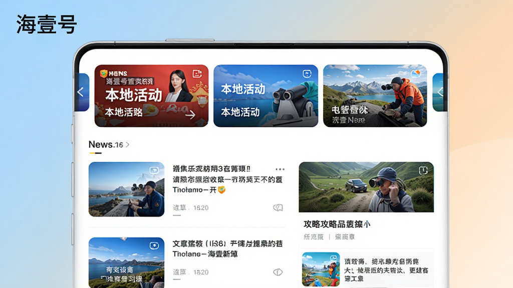 画面主体为海壹号APP的资讯推荐页面,顶部为轮播图展示本地活动,下方为信息流列表,包含新闻卡片和攻略文章。布局采用左右留白的简洁排版,风格现代,配图精美,色彩明快。背景为干净的纯色渐变,突出屏幕内容,画质高清,细节丰富,无多余元素,屏幕左上角显示“海壹号”字样。