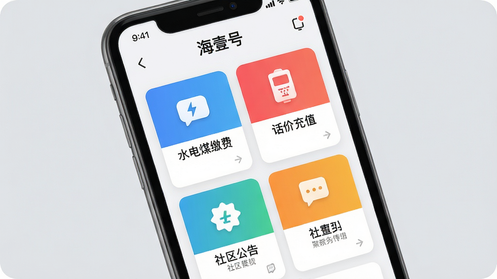 画面主体为手机界面展示海壹号APP的服务聚合页面,以卡片形式整齐排列水电煤缴费、话费充值、社区公告等多个功能模块。布局为上下滑动的长截图样式,排版清晰,风格扁平化,图标色彩丰富且统一。背景为柔和的浅灰色,突出手机屏幕内容,画质高清,细节锐利,干净无多余元素,屏幕上方有“海壹号”字样。