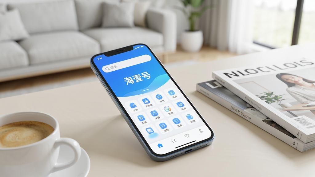 画面主体为一部亮屏的智能手机,屏幕中央展示海壹号APP的主界面,界面风格现代简约,采用蓝白渐变主色调,上方有搜索栏,下方为功能图标网格布局。手机斜放在浅色桌面,旁边有一杯咖啡和几本杂志,背景为干净的客厅场景,整体排版大气,风格清新明亮,细节丰富,画质高清,干净无多余元素,屏幕内显示“海壹号”字样。