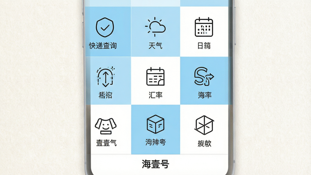 画面主体为海壹号APP的工具箱功能页面,以九宫格形式展示了快递查询、天气、日历、汇率等工具图标,每个图标下方配有中文名称。布局规整,风格简约,图标采用线条风格,底色为浅蓝与白色交替。背景为淡色纹理,整体视觉效果清爽,画质高清,干净无多余元素,屏幕底部有“海壹号”字样。