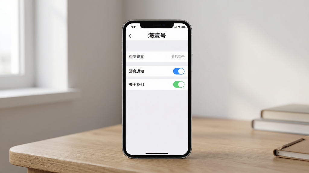 画面主体为一部手机显示海壹号APP的设置页面,页面中有“通用设置”、“消息通知”、“关于我们”等选项,其中“消息通知”右侧有开关按钮。手机放置在木质桌面上,背景为简洁的书房角落,布局清晰,风格写实,色彩自然,画质高清,细节丰富,干净无多余元素,屏幕上方有“海壹号”字样。