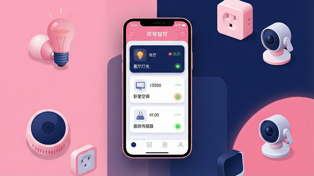 一张俯视角度拍摄的智能设备管理界面概念图,主体为一部智能手机悬浮在画面中央,屏幕中展示“夜樱智控”应用内的设备分组列表,包含客厅灯光、卧室空调、厨房传感器等图标卡片,每个卡片都有明显的状态指示灯。周围散落着小型智能设备模型,如灯泡、插座、摄像头等。布局以手机为中心,四周留白,风格为现代扁平化插画结合轻微3D质感,色调以夜樱粉与深蓝为主,细节清晰,画质干净,无多余元素。
