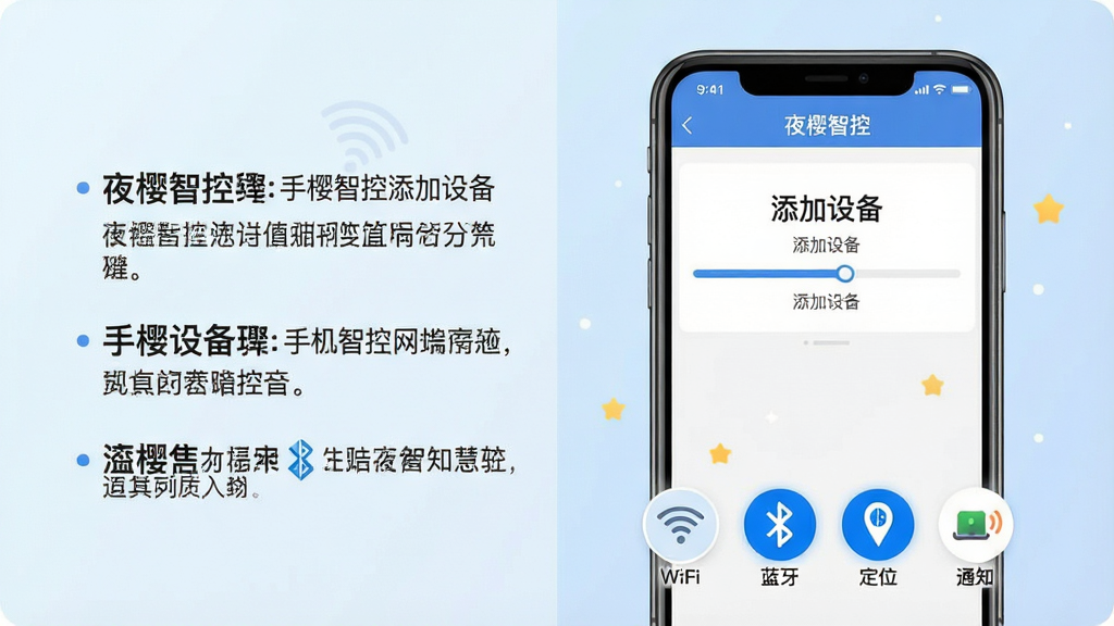 一张展示手机端使用教程的步骤图,主体为一部放大的智能手机屏幕,屏幕上显示“夜樱智控”的添加设备页面,带有进度条和文字提示。屏幕下方有四个小图标分别代表Wi-Fi、蓝牙、定位、通知,其中Wi-Fi和蓝牙图标高亮。布局采用左右分栏,左侧为文字步骤说明,右侧为手机界面,背景为淡蓝色渐变,风格为简洁的矢量科普插画,画质干净,细节清晰,无多余元素。