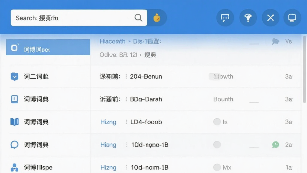词博词典软件主界面预览图,展示搜索框与词典列表,布局简洁,现代扁平风格,色彩以蓝白为主,文字清晰,画质干净,无多余元素