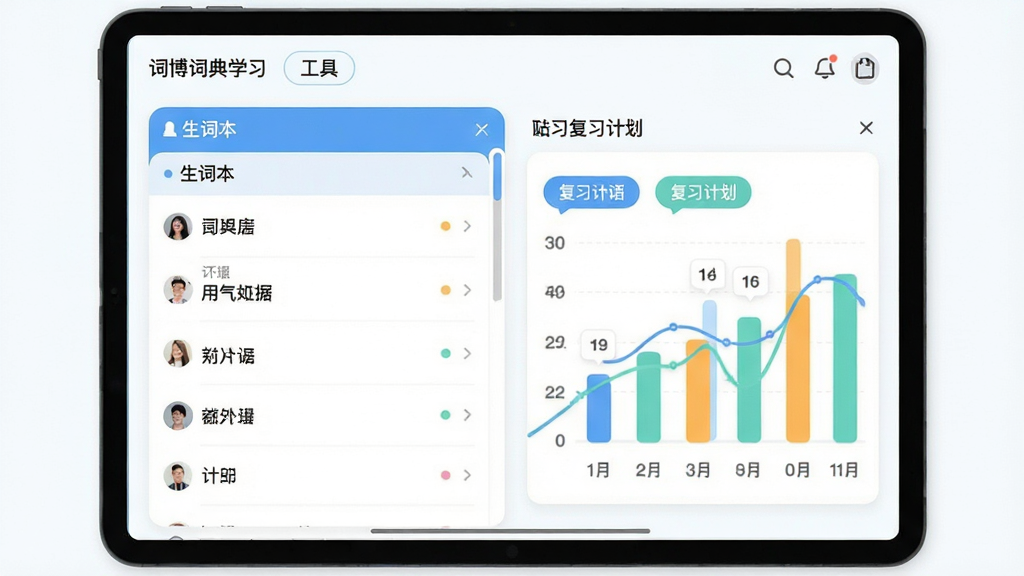 词博词典学习工具界面,展示生词本与复习计划图表,数据可视化,风格清新,色彩明快,画质干净,无多余元素