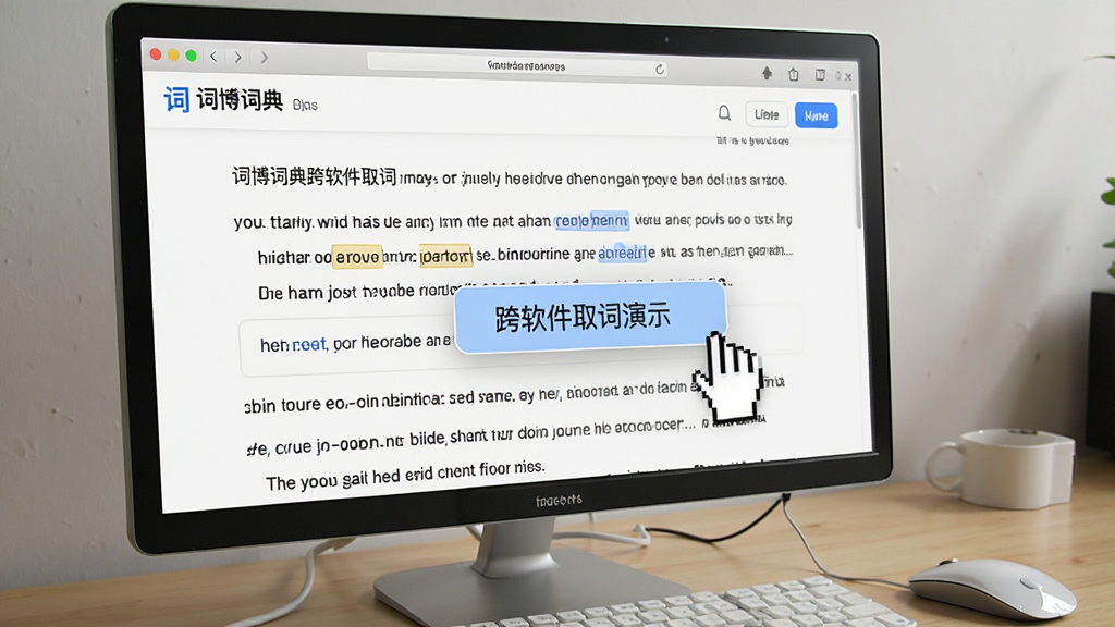 词博词典跨软件取词演示,屏幕中显示一段英文网页,鼠标悬停单词弹出中文释义悬浮窗,布局自然,色彩协调,画质清晰,无多余元素