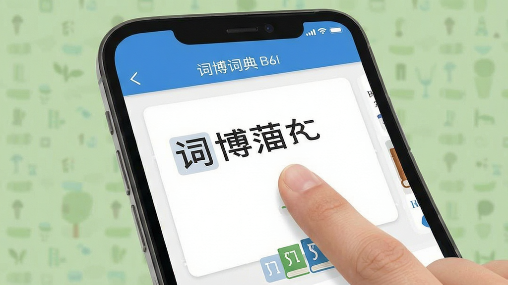 词博词典手机端操作界面示意图,展示手机屏幕中应用界面,手指点击查词,背景简洁,色彩自然,画质干净,无多余元素