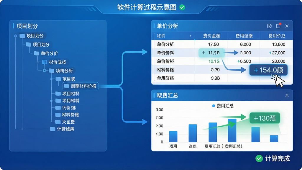 主体:软件计算过程示意图,屏幕中央显示单价分析表与费用汇总表动态关联。布局:左侧为项目划分树,右侧上部为单价分析表格,下部为取费汇总图表。排版:数据联动线条清晰,箭头指向最新计算结果。风格:科技蓝渐变背景,卡片化设计,数据高亮显示。细节:鼠标指针点击调整材料价格,右侧汇总金额同步跳动变化,界面右下角显示“计算完成”绿色对勾。画质:4K超清,干净,无多余元素。
