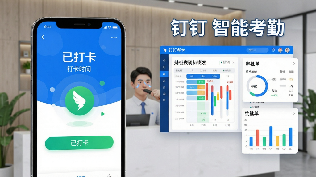 主体:钉钉考勤打卡手机界面与后台数据看板,背景是办公室前台。布局:左侧手机模型显示打卡成功动画,右侧悬浮着排班表、审批单、统计图表,上方写着“钉钉 智能考勤”。排版:界面布局清晰,有打卡按钮和打卡时间大字,图表数据用彩色柱状图展示。风格:商务蓝白配色,简洁直观。细节:手机屏幕显示“已打卡”绿色标志,背景有员工刷脸场景。画质:高清渲染,干净,无多余元素。