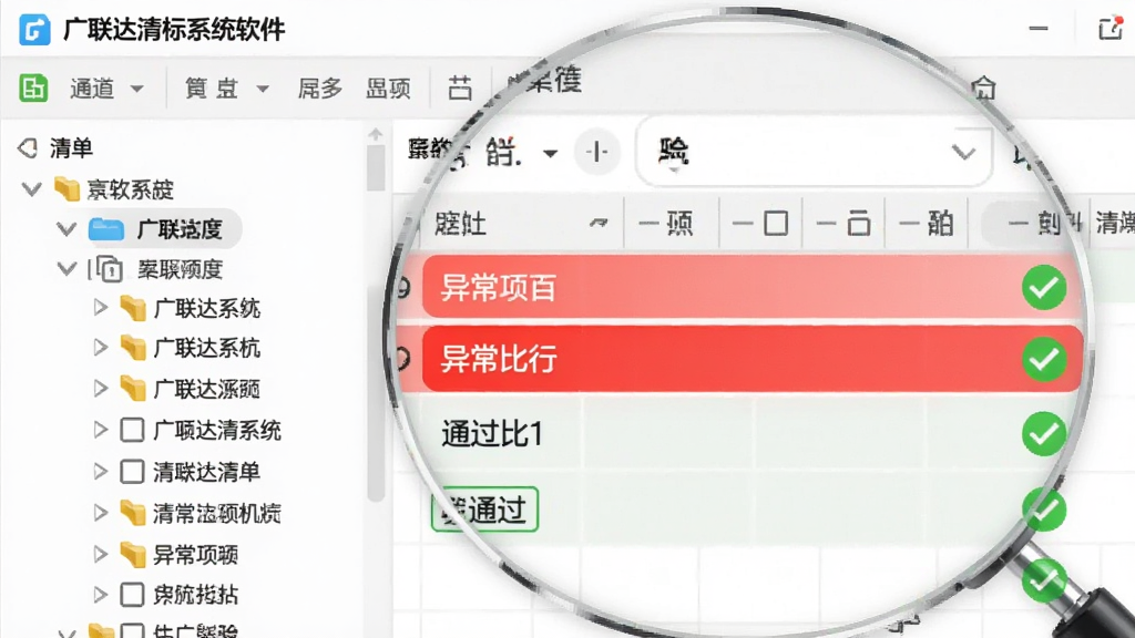 广联达清标系统软件界面局部放大预览图,展示清单比对结果列表,红色高亮标注异常项,绿色对勾显示通过项,左侧树形目录清晰,整体风格简洁清爽,无多余文字