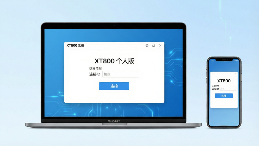 画面中央展示一台笔记本电脑屏幕,屏幕上清晰显示“XT800 个人版”远程控制界面,界面简洁明亮,包含连接ID输入框和连接按钮。画面右侧有一部手机,屏幕上也显示相同的控制界面,体现跨设备远程控制。背景为干净的浅蓝色渐变,整体布局居中对称,风格现代简约,科技感强,画质高清干净,无多余元素