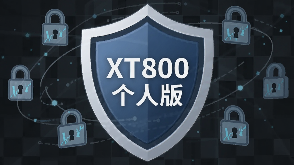 一个盾牌图标位于画面中央,盾牌内嵌有“XT800 个人版”字样,四周环绕着锁形与加密符号,背景为深灰色科技网格,突出安全防护的感觉,画质干净,图层清晰,无多余元素