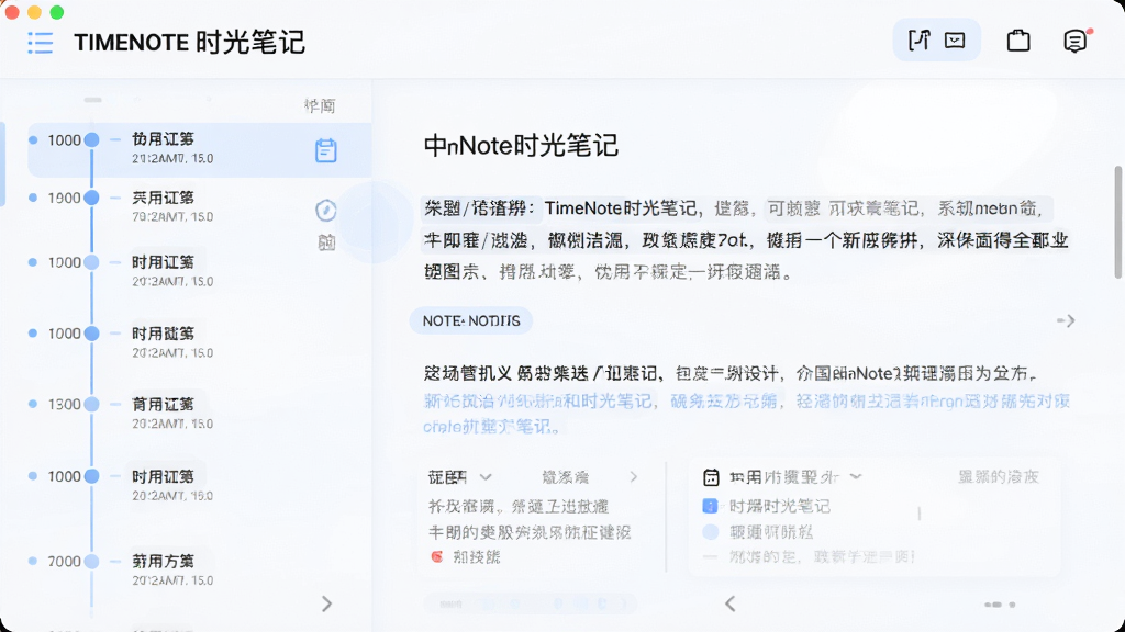 TimeNote时光笔记主界面预览,展示时间轴与笔记编辑区布局,界面简洁明亮,左侧为时间线列表,右侧为笔记详情,配以柔和的蓝白主色调,现代扁平化设计风格,细节精致,画质高清,干净无多余元素