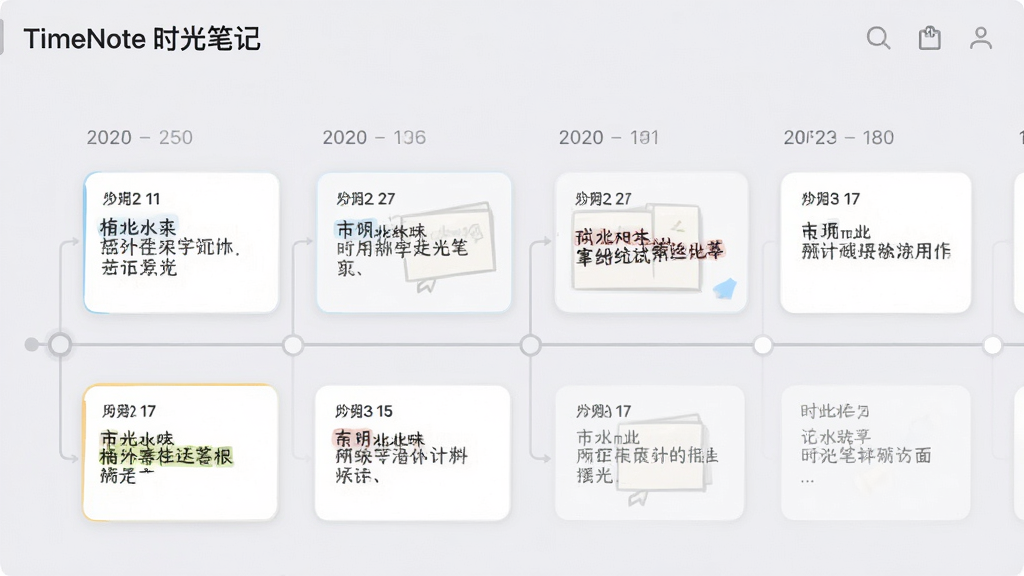 TimeNote时光笔记的时间轴浏览界面,展示按日期排列的笔记卡片列表,时间线从左至右延伸,卡片上显示日期与笔记摘要,背景为淡灰色,风格简洁清爽,信息层次分明,画质清晰干净