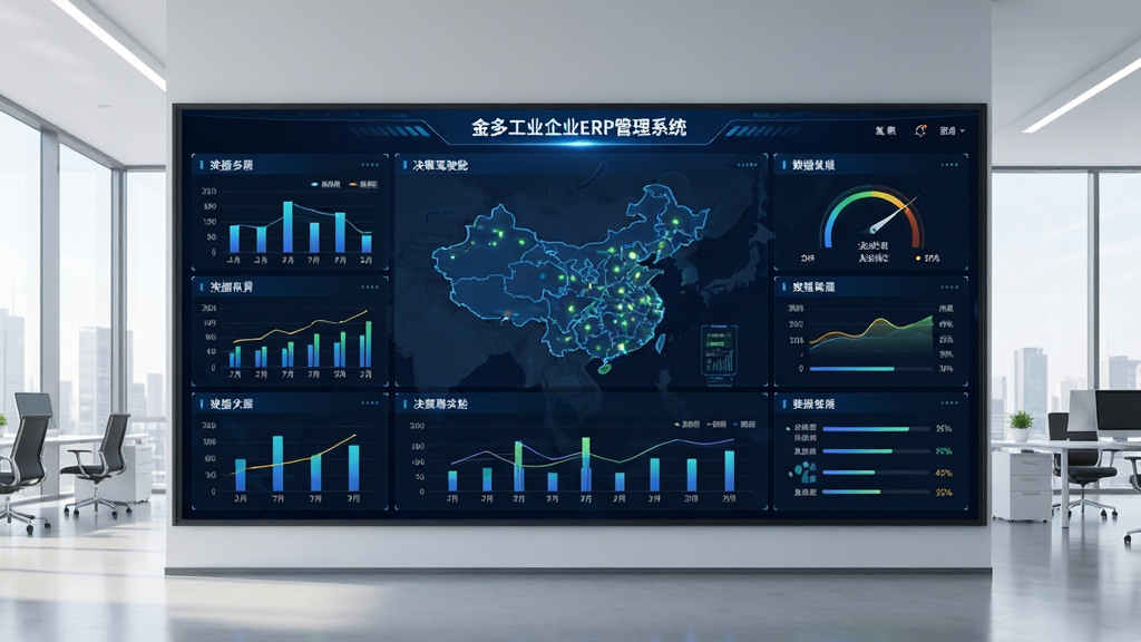金多工业企业ERP管理系统 决策驾驶舱 大屏数据可视化 图表 仪表盘 科技感 数据看板 现代办公室 高清 明亮 专业