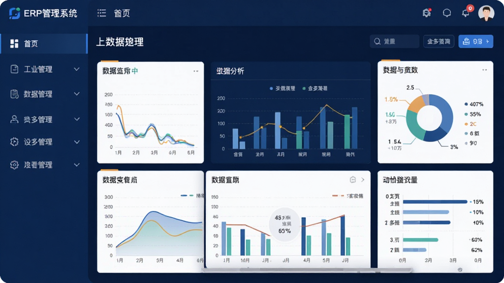 金多工业企业ERP管理系统 主界面 展示 现代化管理软件界面 深蓝色调 左侧功能导航栏 中央数据看板 图表统计 整洁布局 高清画质 干净背景
