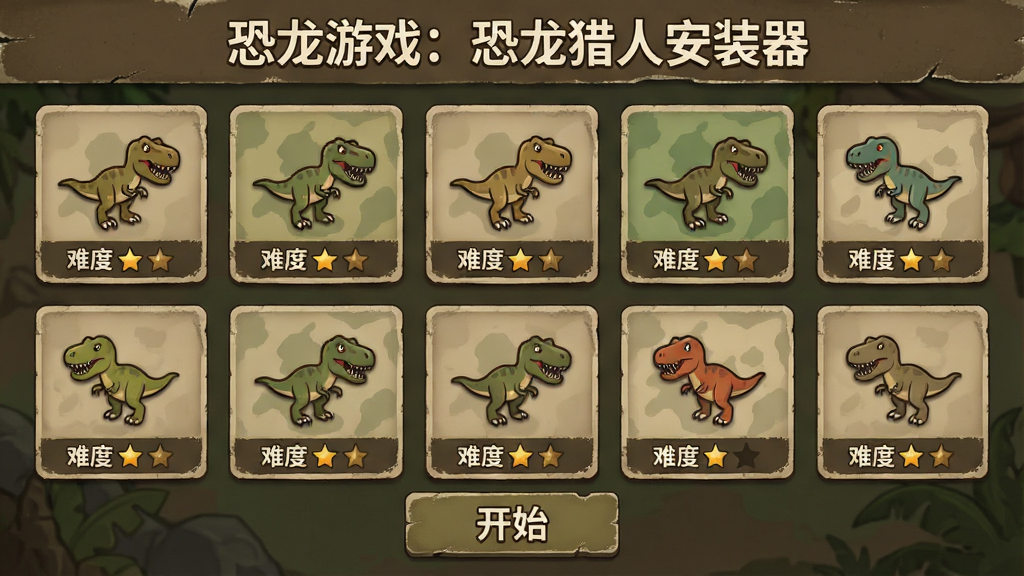 主体:任务选择界面,显示多个地图卡片;布局:卡片呈网格排列,每张卡片上标注恐龙图标和难度星级;排版:界面顶部有“恐龙游戏:恐龙猎人安装器”标题,底部有开始按钮;风格:UI设计简洁,配色以大地色为主;细节:卡片边缘有磨损质感,恐龙图标生动;画质:清晰,干净无多余元素