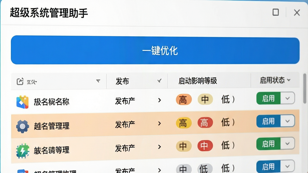 “超级系统管理助手”启动项管理界面特写,展示一个详细列表,每一行显示软件名称、发布厂商、启动影响等级(高/中/低)及启用状态按钮,表格上方有“一键优化”蓝色大按钮,界面风格简洁,白色背景,重要行以浅橙色底纹高亮,排版清晰明了,画质干净无多余元素。