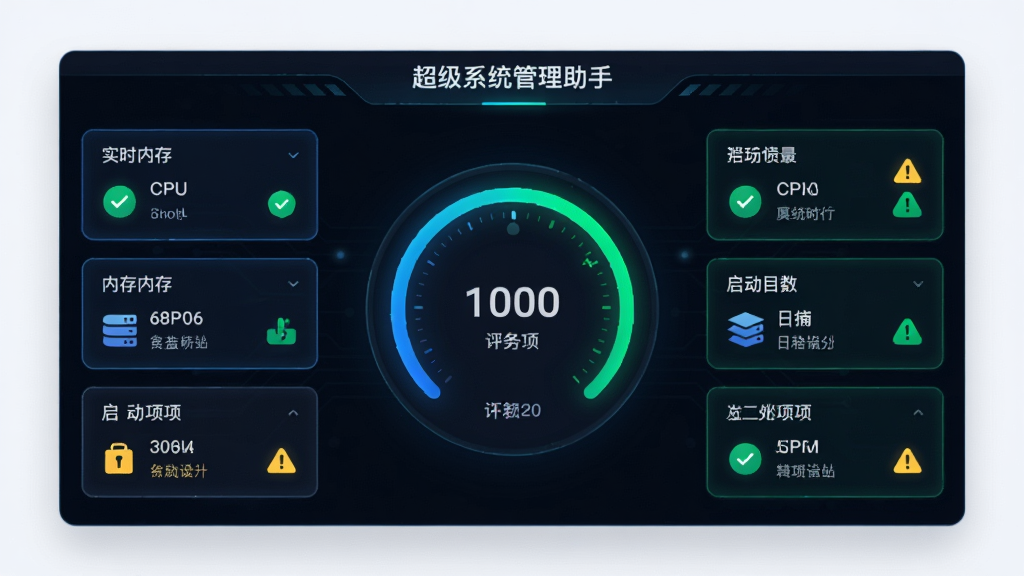 展示“超级系统管理助手”正在运行全面体检功能的预览图,界面中心显示圆形评分仪表盘,周围分布着CPU、内存、磁盘、启动项等项目的实时检测结果卡片,卡片上带有绿色对勾与黄色警告图标,整体UI采用深色背景搭配霓虹蓝与翠绿数据高亮,排版整齐有序,风格科技感十足,画质细腻干净。