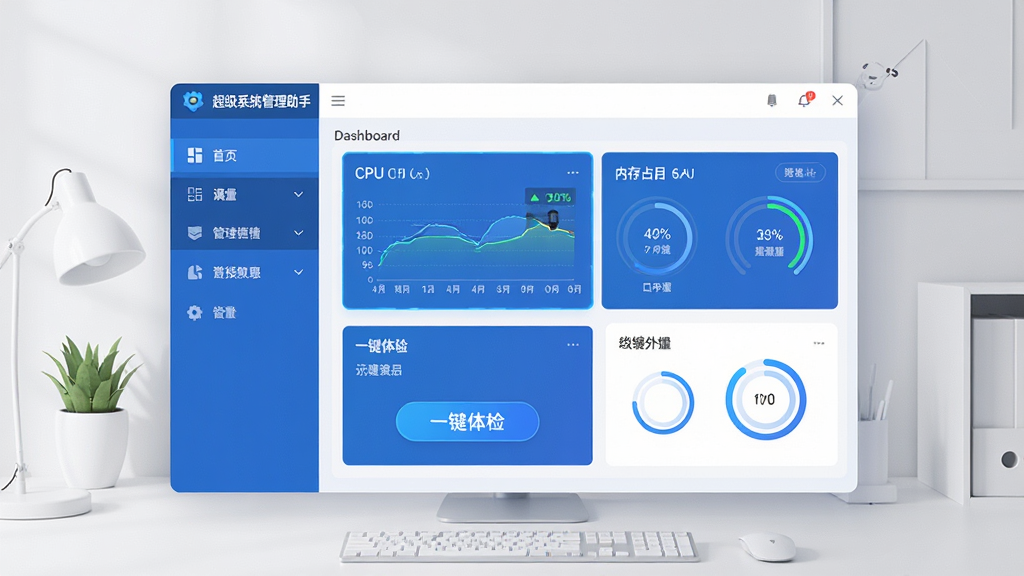 画面主体为“超级系统管理助手”软件主界面悬浮于整洁桌面之上,布局为左侧功能导航与右侧内容仪表盘,风格现代扁平化,以蓝色与白色为主色调,界面高亮显示CPU与内存占用率图表及一键体检按钮,细节包含圆形图标与进度环,画质清晰干净,无多余元素。