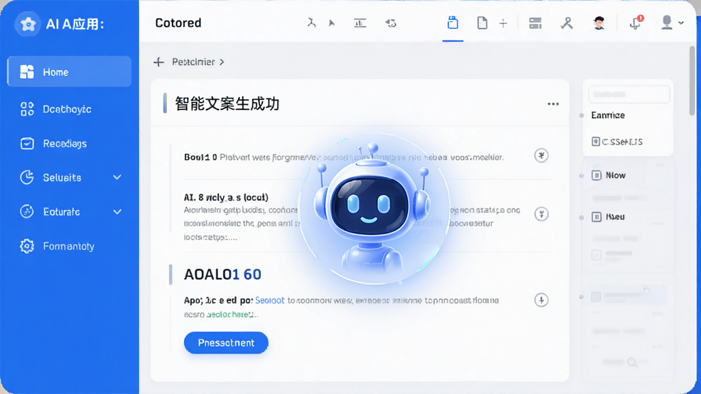 钩子AI应用主界面,展示其智能文案生成功能,界面简洁现代,以蓝白为主色调,左侧为功能导航栏,右侧为内容编辑区,中央悬浮一个半透明的AI助手图标,整体布局清晰,风格科技感十足,画质高清,干净无多余元素
