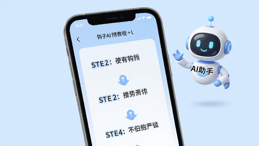 手机屏幕显示钩子AI的使用教程界面,界面上有清晰的步骤指示箭头,背景为淡蓝色,有悬浮的“AI助手”卡通形象,风格简约,画质高清,干净无多余元素