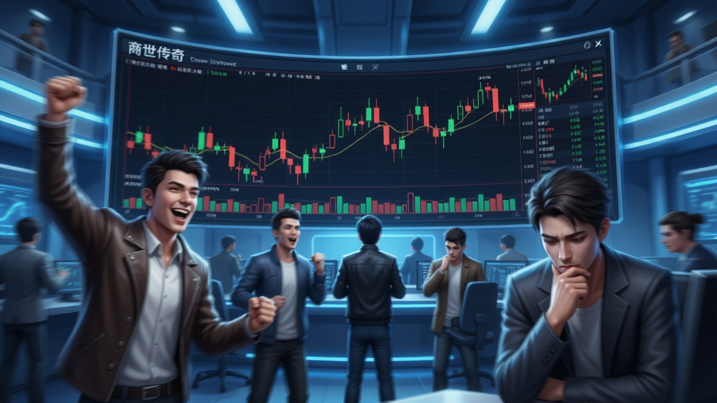 游戏内“商世传奇”证券交易所场景,超宽曲面屏上显示着红绿交错的K线图。前景是几位穿着不同服饰的玩家角色,有的在兴奋欢呼,有的在低头沉思。画面采用动态模糊效果表现市场的紧张氛围,场景明亮,细节丰富,带有科技感的蓝色光线渲染,整体风格写实且具有冲击力,画质清晰流畅,无多余元素。