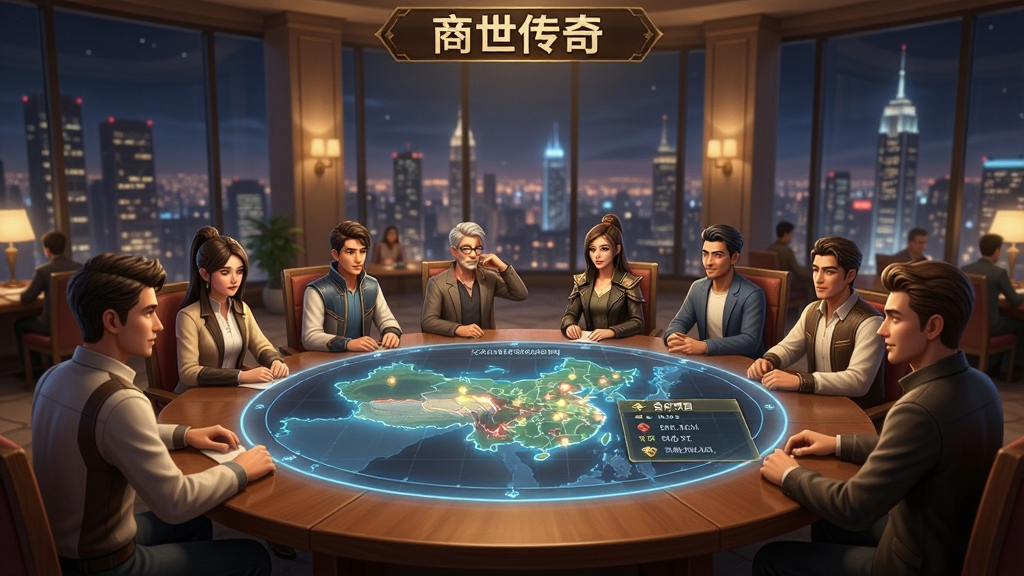 游戏内“商世传奇”商会会议厅场景,多位玩家角色围坐在圆桌旁,桌上显示着全息投影的商业地图和合作项目。背景是巨大的落地窗,窗外是繁华的城市夜景。人物表情认真,气氛和谐。画面采用暖色调,强调合作与交流的氛围,写实风格,细节到位,画质清晰,无多余元素。