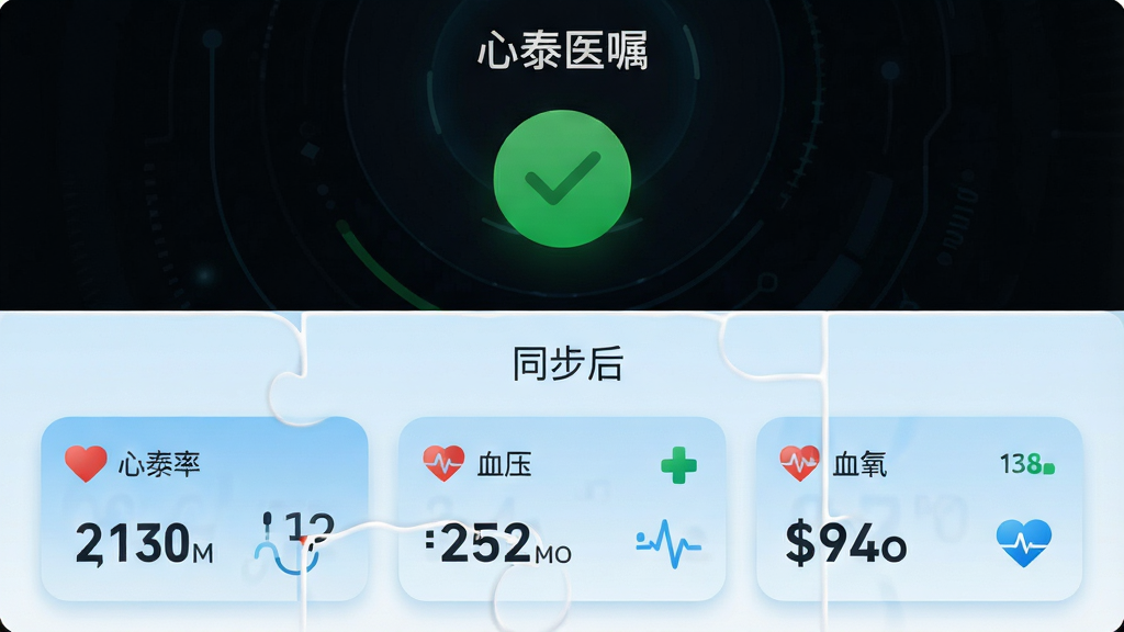 一张“心泰医嘱”应用界面截图拼接图,上半部分显示设备连接成功动画,一个绿色对勾图标,下半部分展示同步后的心率、血压、血氧等数据卡片,卡片设计为圆角风格,背景为浅蓝色渐变,整体布局清晰直观,科技感强,画质干净,无多余元素