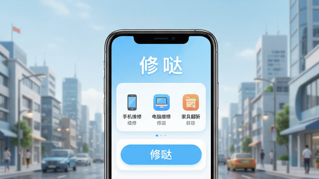 现代都市生活场景中,一部智能手机屏幕显示“修哒”APP界面,界面包含维修分类图标如手机维修、电脑维修、家具翻新等,背景为简洁的浅蓝色渐变,主体突出APP名称“修哒”,整体布局采用居中对称,风格干净明亮,细节包括清晰的图标和按钮,画质高清,干净无多余元素