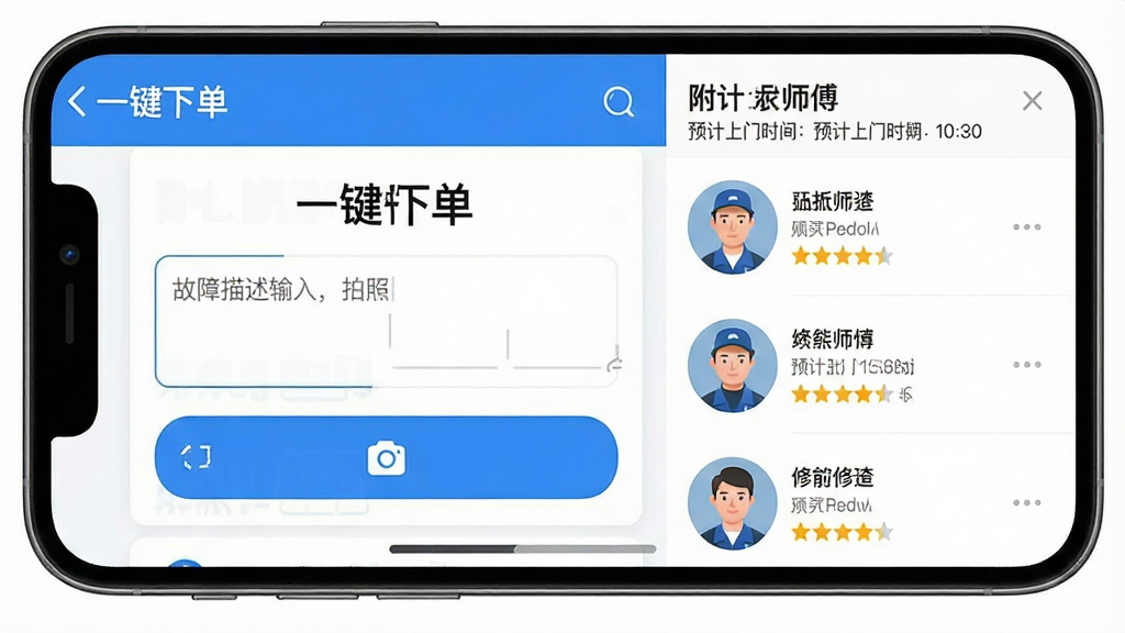 一张智能手机截图展示“修哒”APP下单界面,顶部显示“一键下单”字样,下方有故障描述输入框和拍照上传按钮,右侧显示附近师傅列表和预计上门时间,整体布局清晰,风格现代简约,主色调为蓝色和白色,细节包括师傅头像、评分星级,画质高清,干净无多余元素