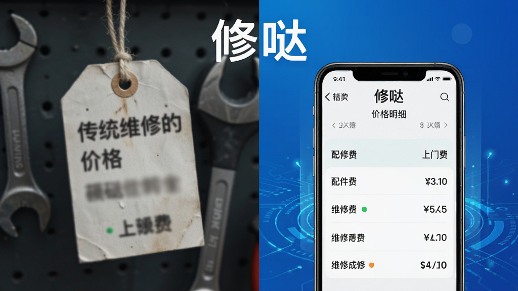 一幅对比图,左侧为传统维修中的模糊价格标签,右侧为“修哒”APP中清晰的价格明细页面,包含上门费、配件费、维修费等项目,背景为蓝色科技感渐变,主体突出“修哒”品牌名称,布局左右对称,风格简洁专业,细节包括数字列表,画质高清,干净无多余元素
