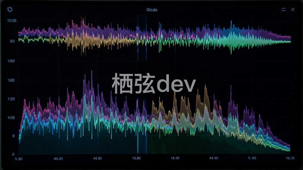 栖弦dev实时音频可视化效果,动态频谱波形在暗色屏幕上律动,多种颜色叠加,展示低频到高频分布,界面中央有“栖弦dev”水印,风格酷炫,细节逼真,画质清晰,无多余元素