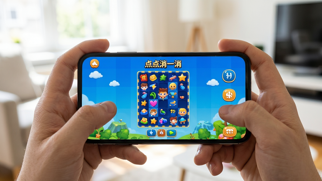 玩家手持手机运行《点点消一消》的画面,屏幕显示游戏关卡界面,背景为室内明亮环境,手机屏幕清晰可见游戏画面,构图自然,画质清晰,干净无多余元素