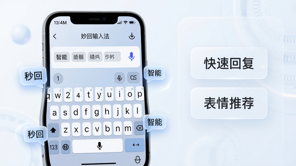 主体:一部智能手机屏幕占据画面中心,屏幕上显示“妙回输入法”的键盘界面,键盘上方有智能预测词条与语音输入图标。布局:手机居中偏左,右侧留白区域以半透明浮层展示“快速回复”“表情推荐”等字样,整体为浅色科技感背景。排版:手机屏幕内键盘布局清晰,键帽圆润,颜色以淡蓝与白色渐变为主。风格:扁平化结合轻微拟物,光效柔和,现代感强。细节:屏幕顶部状态栏显示时间与信号,键盘下方有麦克风小图标,周围悬浮几个关键词气泡如“秒回”“智能”。画质:8K超清,干净无多余元素。