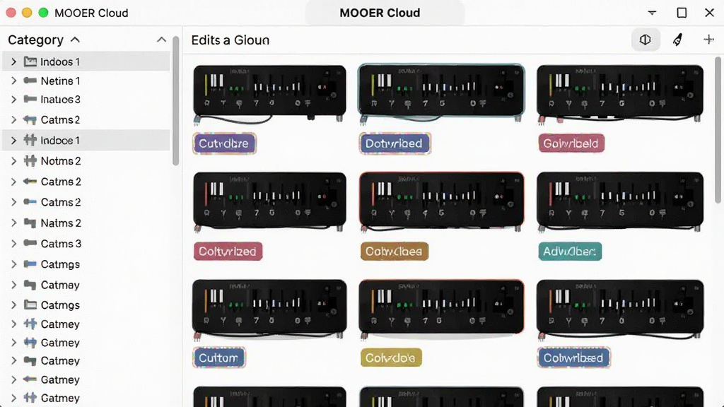 MOOER Cloud应用中的音色文件夹管理界面,左侧为分类列表,右侧显示编辑好的音色组,每个音色组有自定义颜色标签,界面明亮清晰,列表布局规整,高清截屏风格,突出管理功能,无多余元素