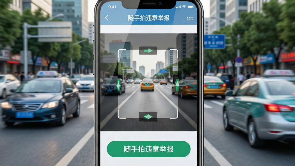 主体:手机屏幕展示“随手拍违章举报”软件界面,背景为清晰的城市街道与行驶车辆。布局:中心构图,手机界面占据视觉焦点,界面内显示拍摄引导框与举报按钮。排版:界面元素简洁,按钮文字“随手拍违章举报”清晰可读。风格:写实风格,光影自然,色彩明亮。细节:手机屏幕反射微光,背景车辆动态模糊,突出软件清晰度。画质:4K高清,干净,无多余元素。