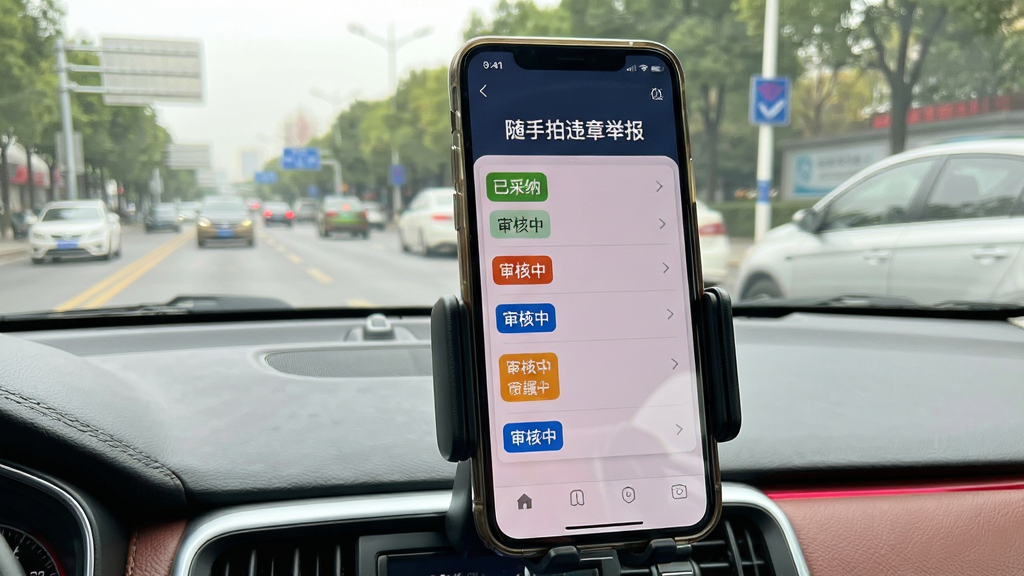 主体:一部智能手机放置在车载支架上,屏幕显示“随手拍违章举报”的举报进度列表。布局:车内视角,前方挡风玻璃外是街道。排版:列表清晰显示“已采纳”、“审核中”等状态标签。风格:写实生活照风格。细节:手机屏幕反光与车内饰呼应,状态标签颜色区分明显。画质:干净,无多余元素。