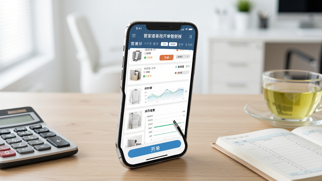 画面主体为一部智能手机屏幕正显示管家婆易指开单智能版主界面,屏幕上方有“管家婆易指开单智能版”字样,界面清晰展示商品列表、开单按钮和库存数量图表;手机斜放在整洁的木质桌面上,旁边放有计算器、账本和一杯清茶;背景为现代简约的办公室环境,浅色调,虚化处理;画面布局中心构图,手机屏幕内容锐利清晰;整体风格写实商务,光线明亮柔和,画质细腻,干净无多余元素。