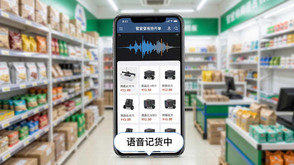 画面中央一部手机正在运行管家婆易指开单智能版,屏幕显示语音输入波形图与商品列表自动匹配界面,商品图片和价格标签整齐排列;手机下方悬浮着“语音记货中”的提示气泡,背景为明亮的批发店铺货架,商品琳琅满目;构图采用俯视45度角,主体突出手机屏幕,细节清晰;画风写实,光线充足,干净无多余元素,画质高清。