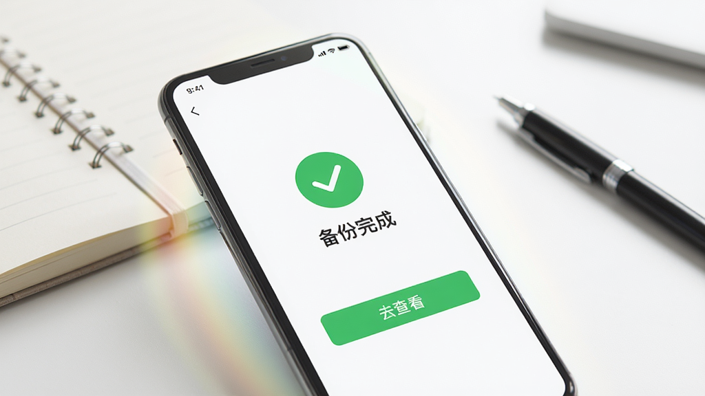 手机界面管家婆易指开单智能版的数据同步成功页面,屏幕中央显示绿色对勾和“备份完成”文字,下方有“去查看”按钮,手机周围有柔和的光影效果,背景为干净的办公桌面,有笔记本和笔;构图以手机屏幕为主,光线明亮柔和,风格写实,画质清晰,干净无多余元素。